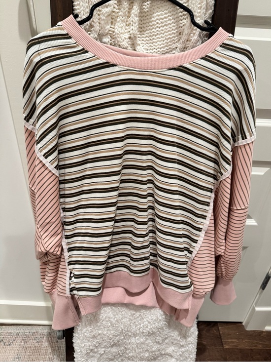 BiBi Sweaters - BiBi Pink, Cream and Brown Striped Scoop-Neck Sweater